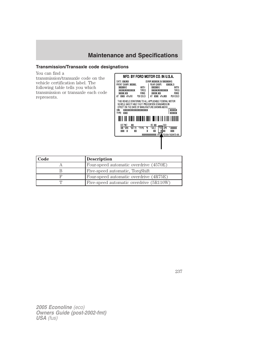 Transmission/transaxle code designations, Maintenance and specifications | FORD 2005 E-450 v.3 User Manual | Page 237 / 248