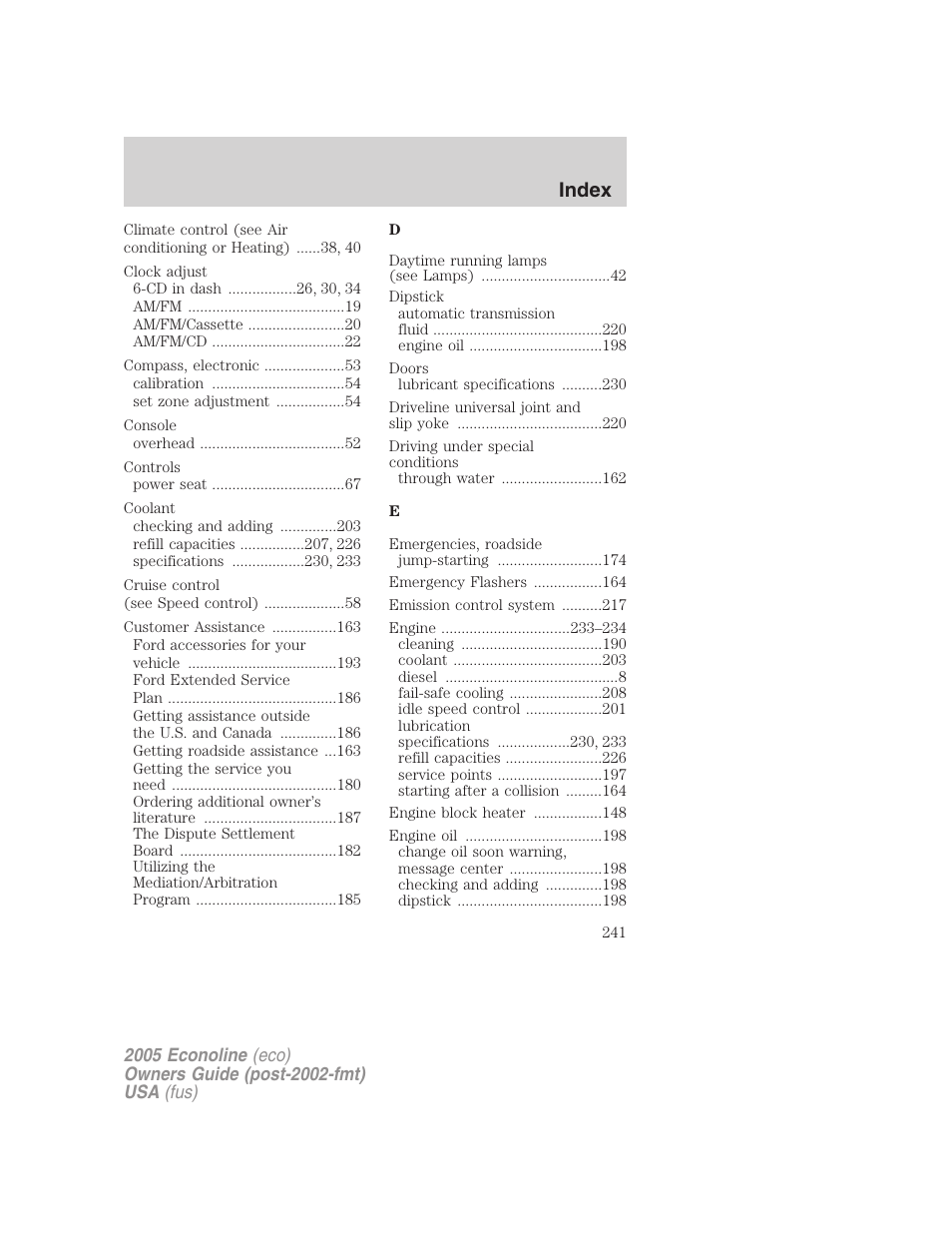 Index | FORD 2005 E-450 v.3 User Manual | Page 241 / 248