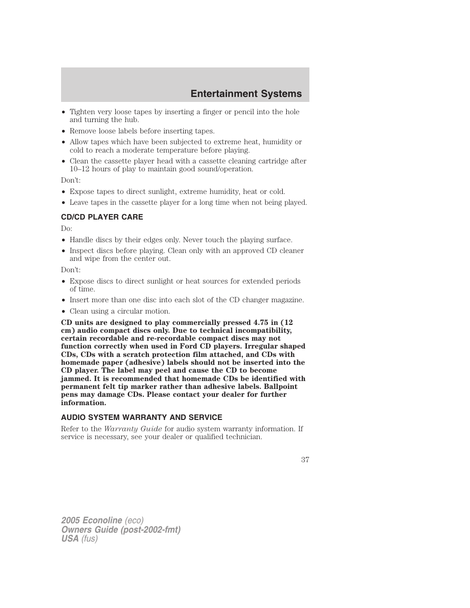 Cd/cd player care, Audio system warranty and service, Entertainment systems | FORD 2005 E-450 v.3 User Manual | Page 37 / 248