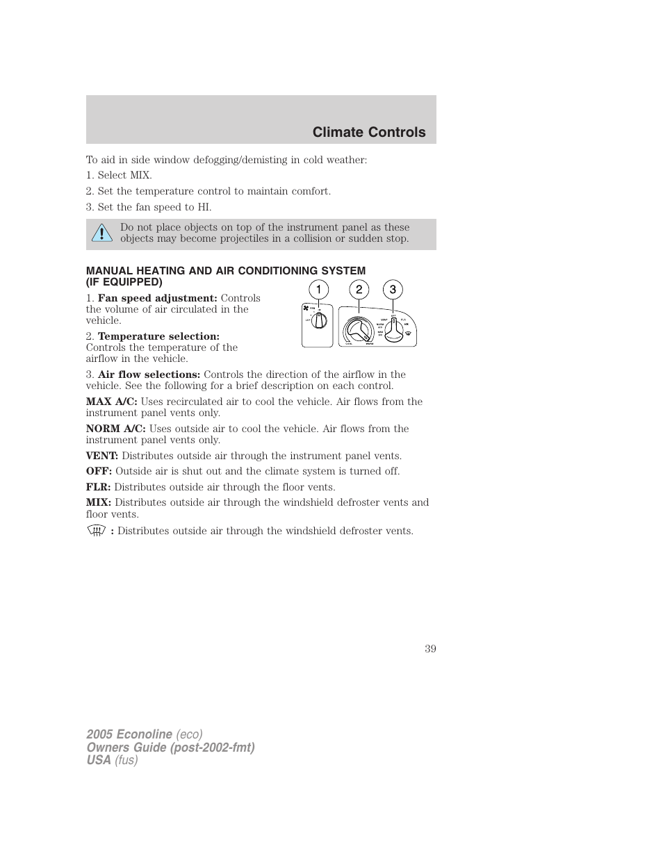 Manual heating and air conditioning, Climate controls | FORD 2005 E-450 v.3 User Manual | Page 39 / 248