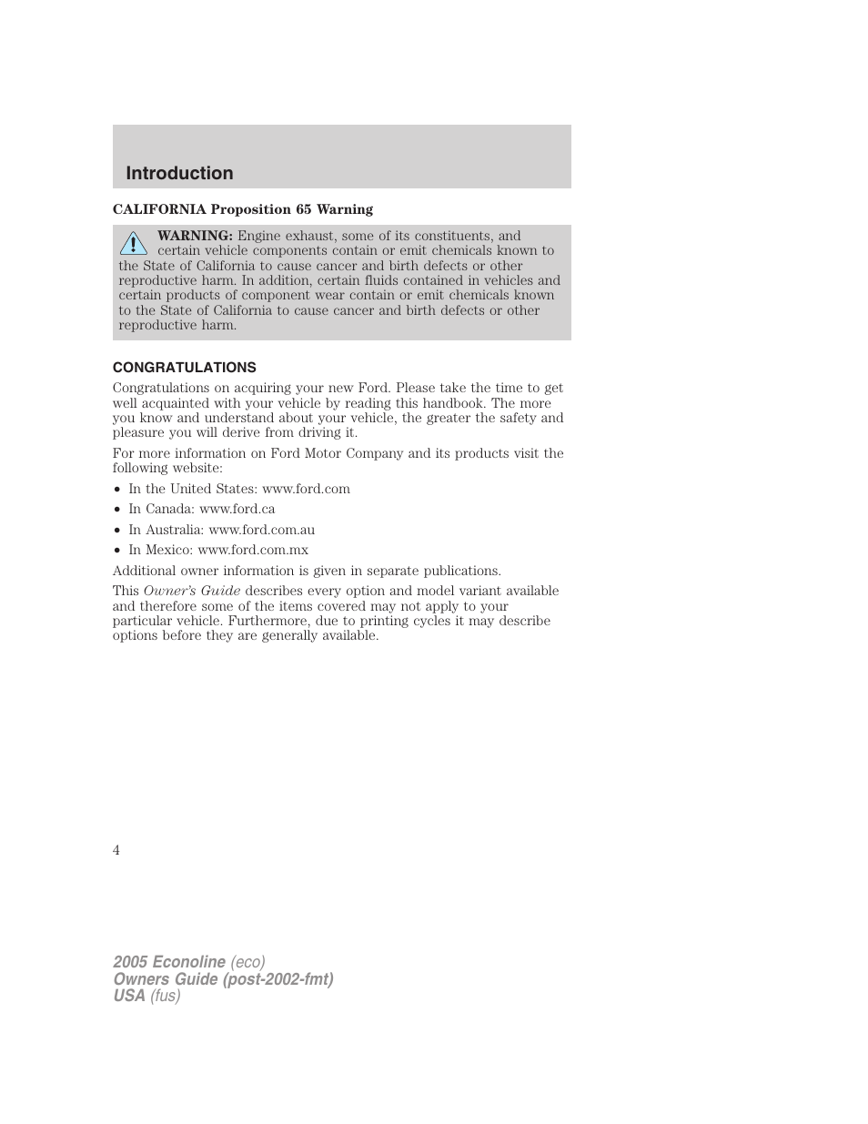 Introduction, Congratulations | FORD 2005 E-450 v.3 User Manual | Page 4 / 248