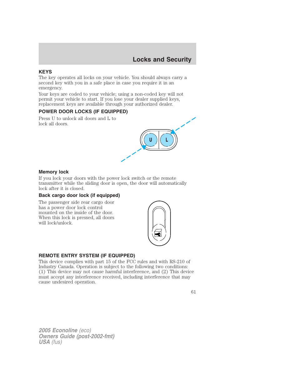 Locks and security, Keys, Power door locks (if equipped) | Memory lock, Back cargo door lock (if equipped), Remote entry system (if equipped), Locks | FORD 2005 E-450 v.3 User Manual | Page 61 / 248