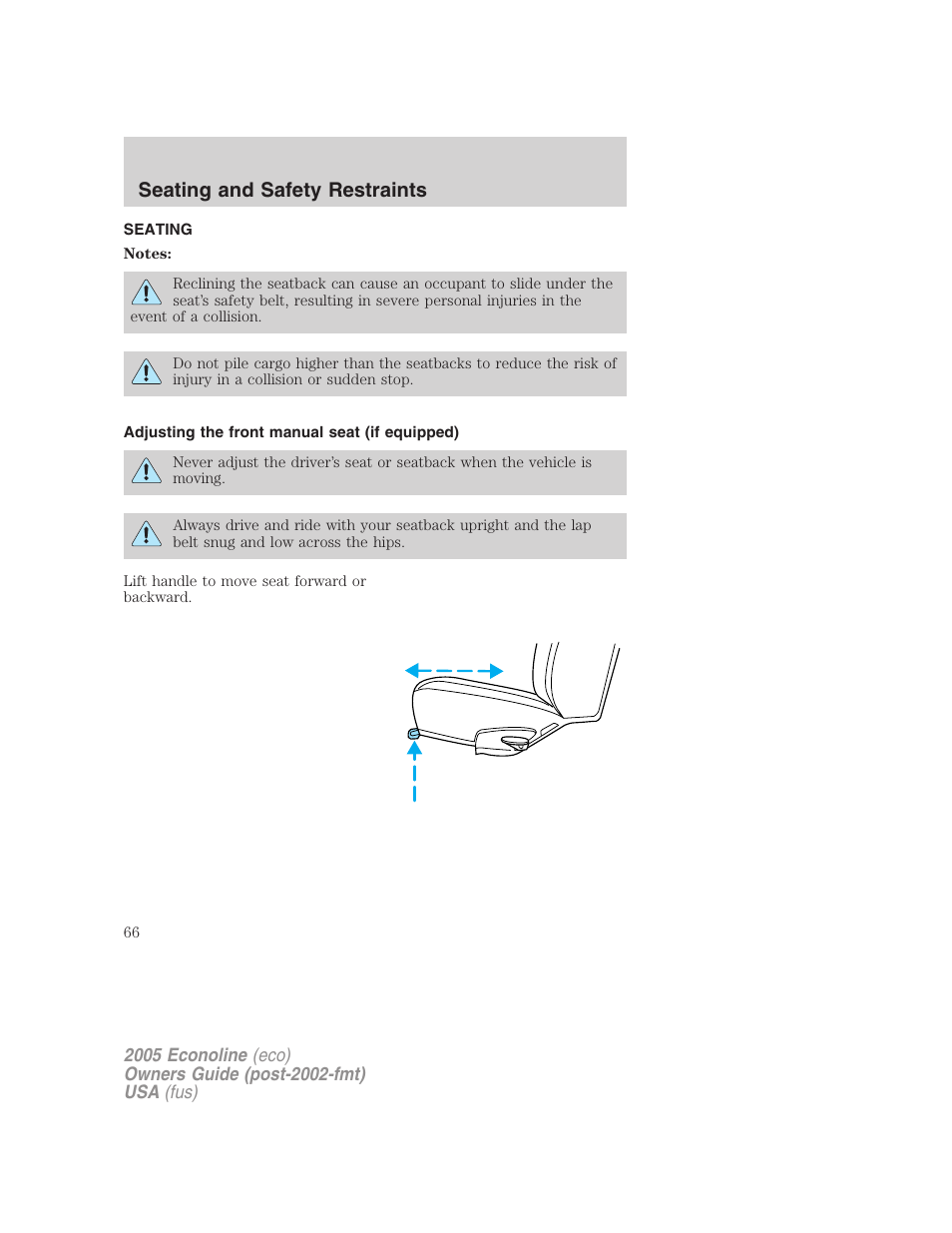 Seating and safety restraints, Seating, Adjusting the front manual seat (if equipped) | FORD 2005 E-450 v.3 User Manual | Page 66 / 248