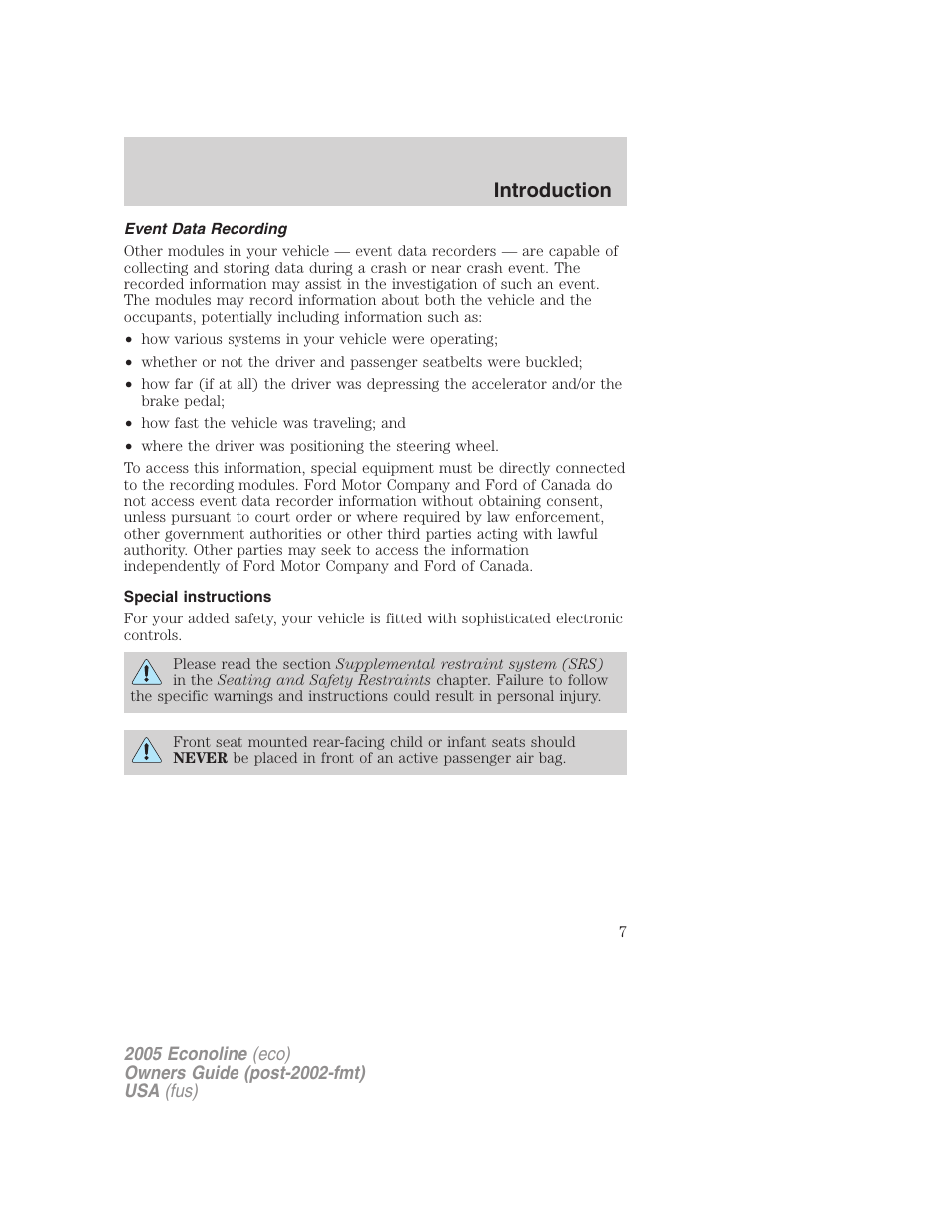 Event data recording, Special instructions, Introduction | FORD 2005 E-450 v.3 User Manual | Page 7 / 248