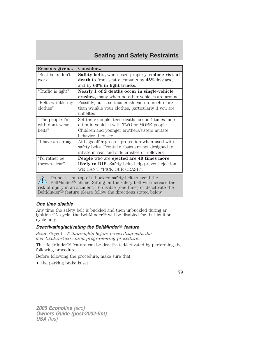 One time disable, Deactivating/activating the beltminder feature, Seating and safety restraints | FORD 2005 E-450 v.3 User Manual | Page 79 / 248