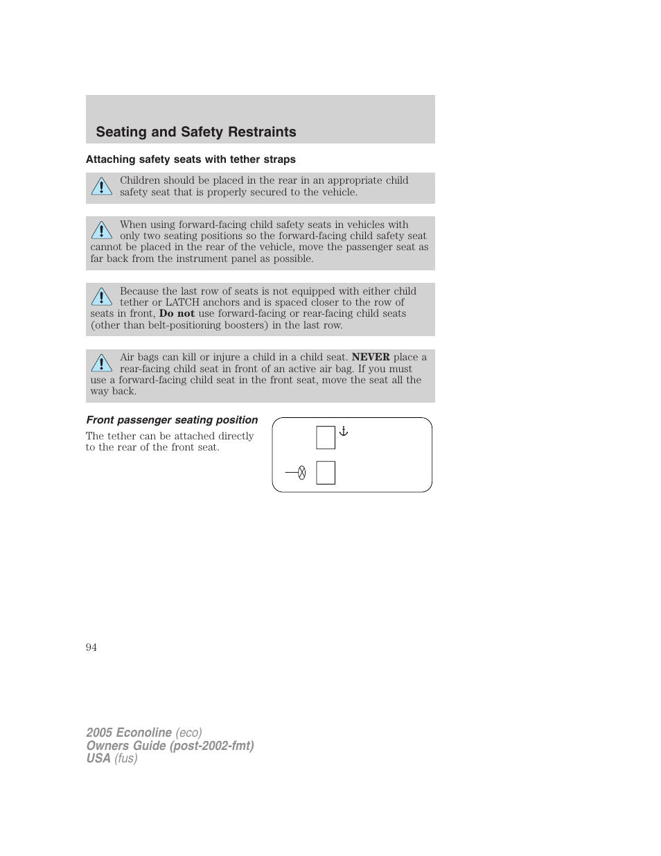 Attaching safety seats with tether straps, Front passenger seating position, Seating and safety restraints | FORD 2005 E-450 v.3 User Manual | Page 94 / 248