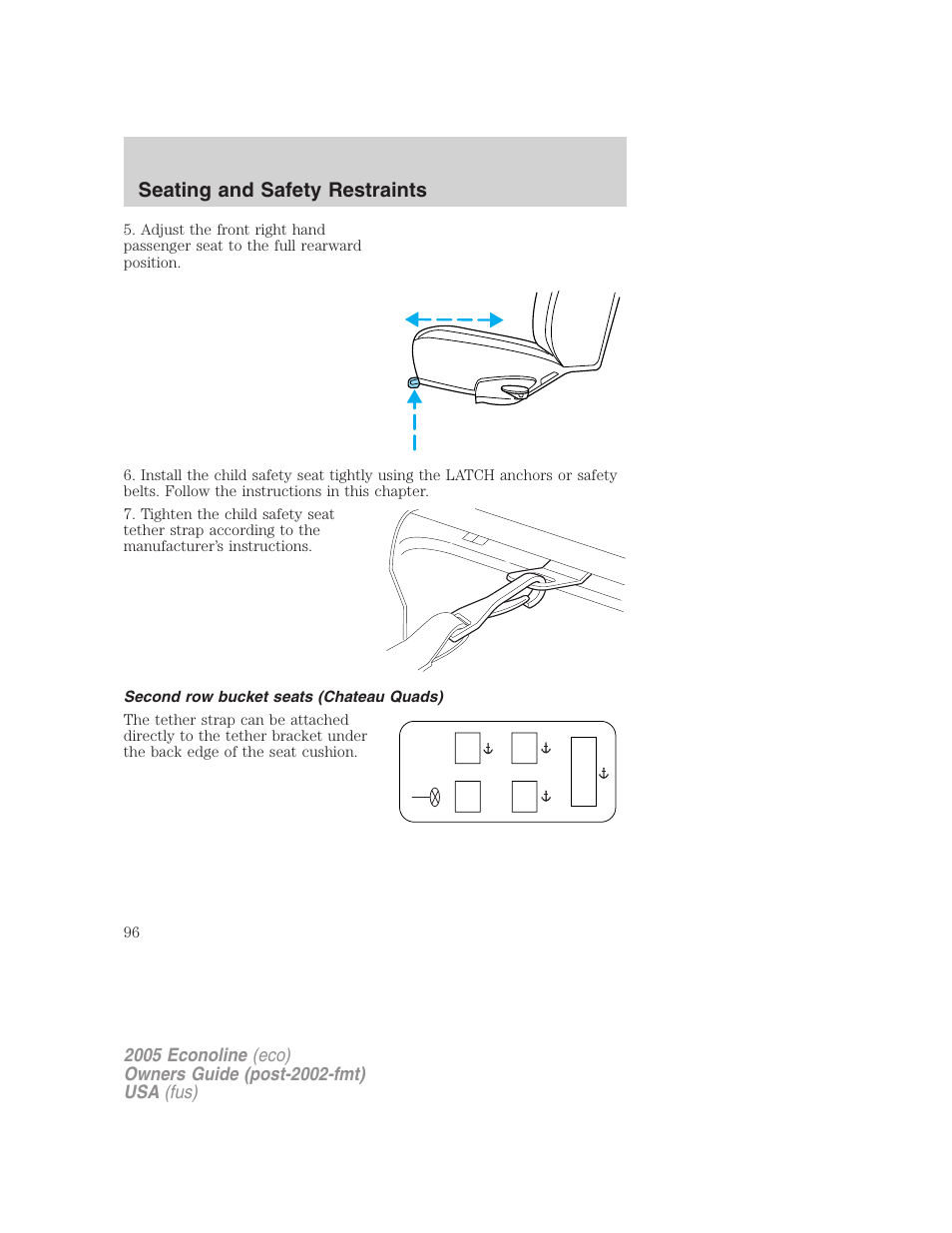 Second row bucket seats (chateau quads), Seating and safety restraints | FORD 2005 E-450 v.3 User Manual | Page 96 / 248