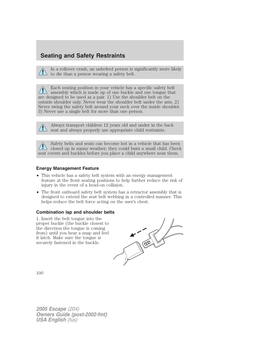 Seating and safety restraints | FORD 2005 Escape v.1 User Manual | Page 100 / 272