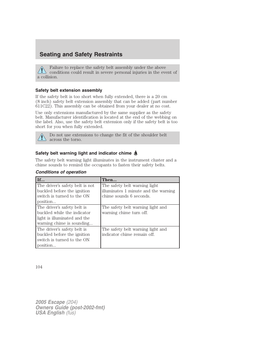 Seating and safety restraints | FORD 2005 Escape v.1 User Manual | Page 104 / 272