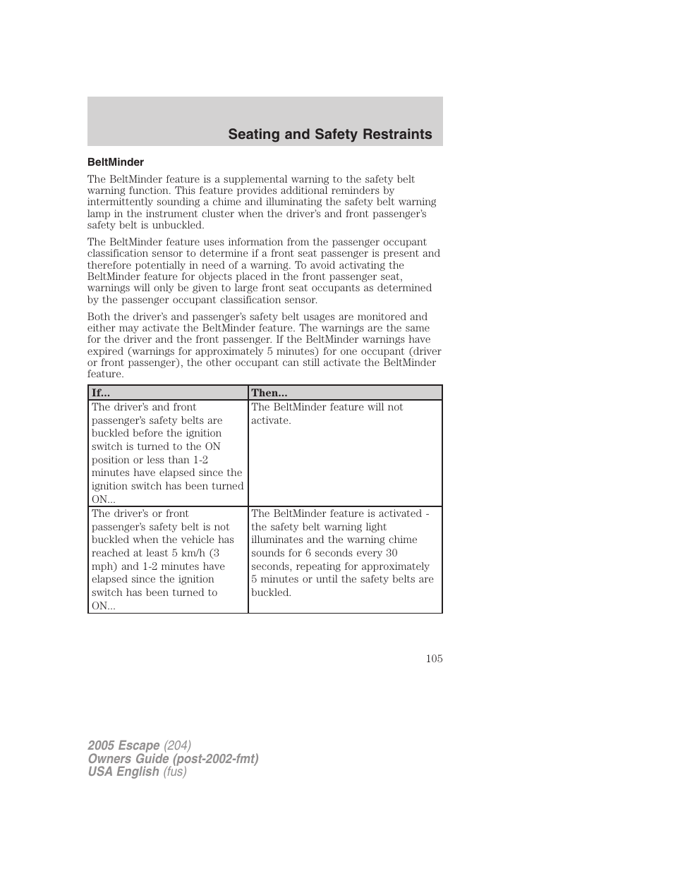 Seating and safety restraints | FORD 2005 Escape v.1 User Manual | Page 105 / 272