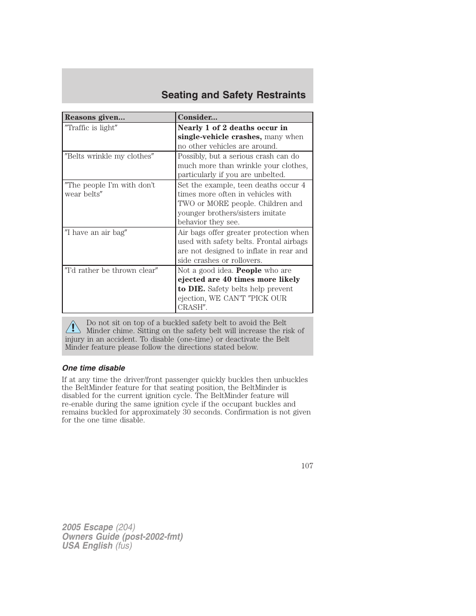 Seating and safety restraints | FORD 2005 Escape v.1 User Manual | Page 107 / 272