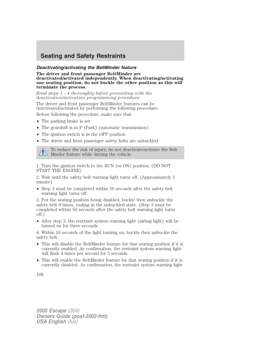 Seating and safety restraints | FORD 2005 Escape v.1 User Manual | Page 108 / 272