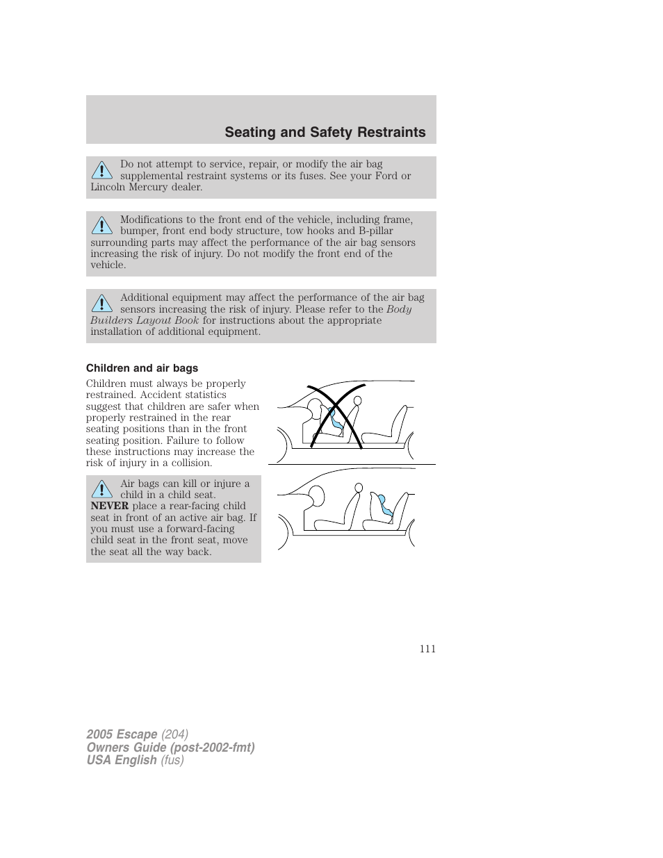 Seating and safety restraints | FORD 2005 Escape v.1 User Manual | Page 111 / 272