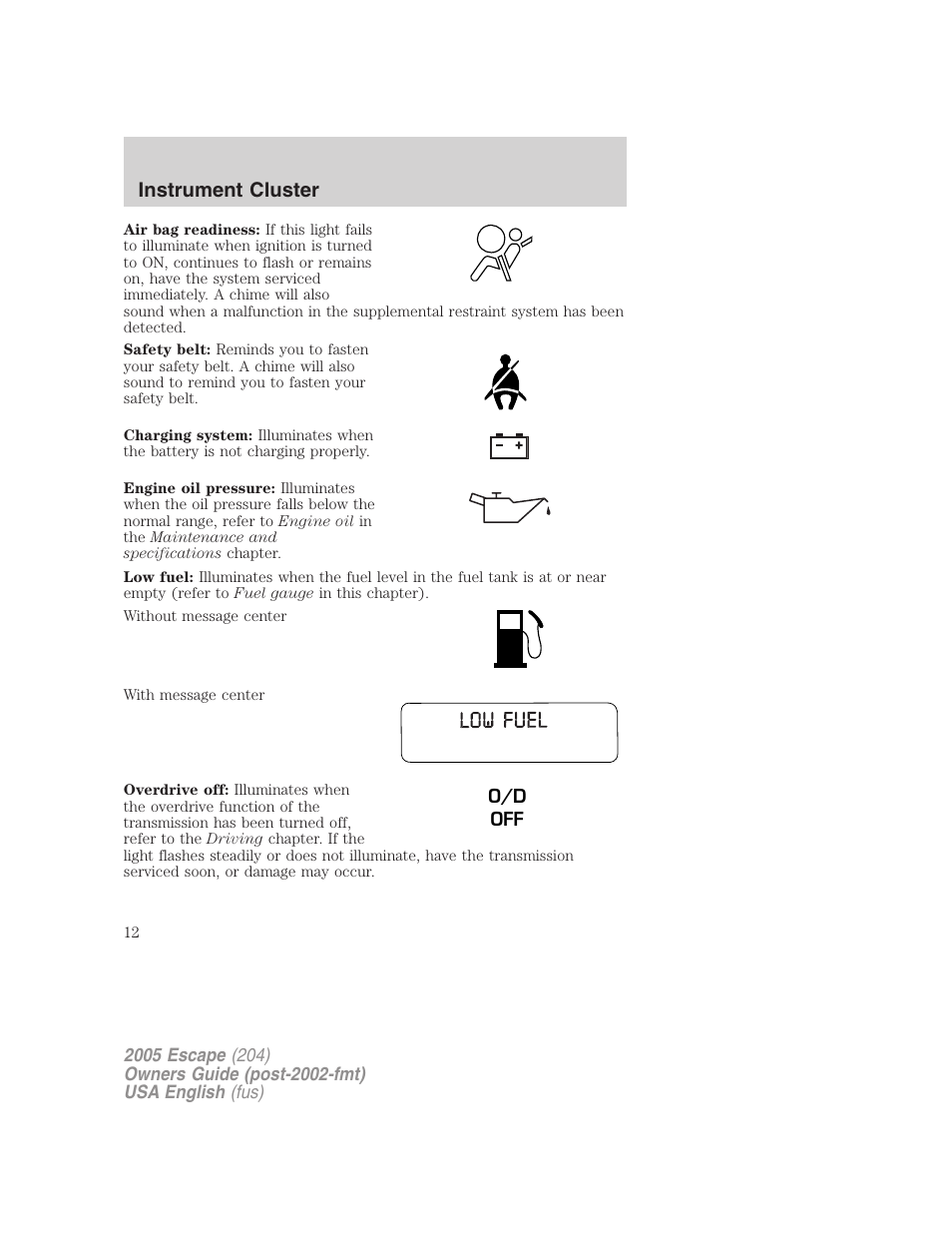 Instrument cluster | FORD 2005 Escape v.1 User Manual | Page 12 / 272