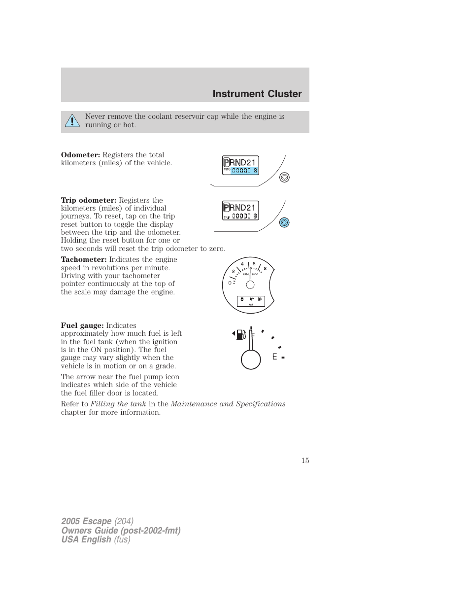 Instrument cluster | FORD 2005 Escape v.1 User Manual | Page 15 / 272