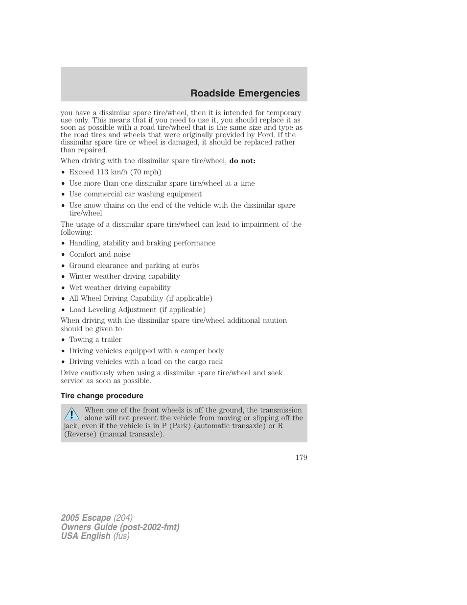 Roadside emergencies | FORD 2005 Escape v.1 User Manual | Page 179 / 272