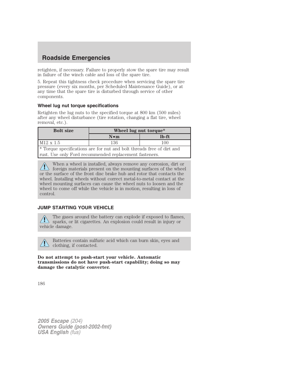 Roadside emergencies | FORD 2005 Escape v.1 User Manual | Page 186 / 272
