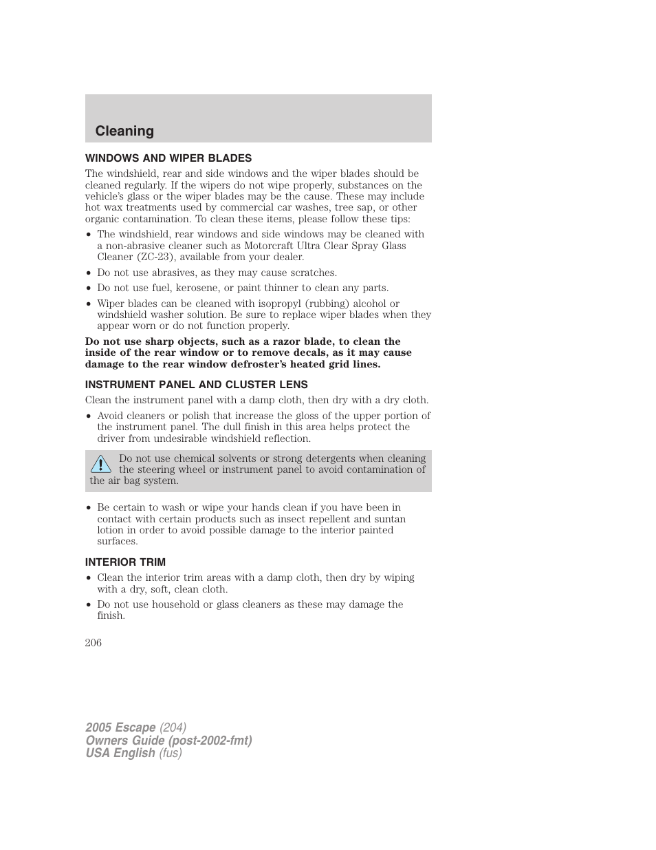 Cleaning | FORD 2005 Escape v.1 User Manual | Page 206 / 272