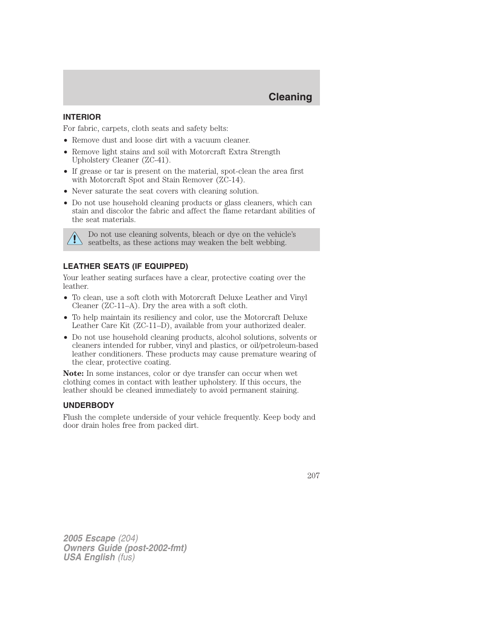 Cleaning | FORD 2005 Escape v.1 User Manual | Page 207 / 272