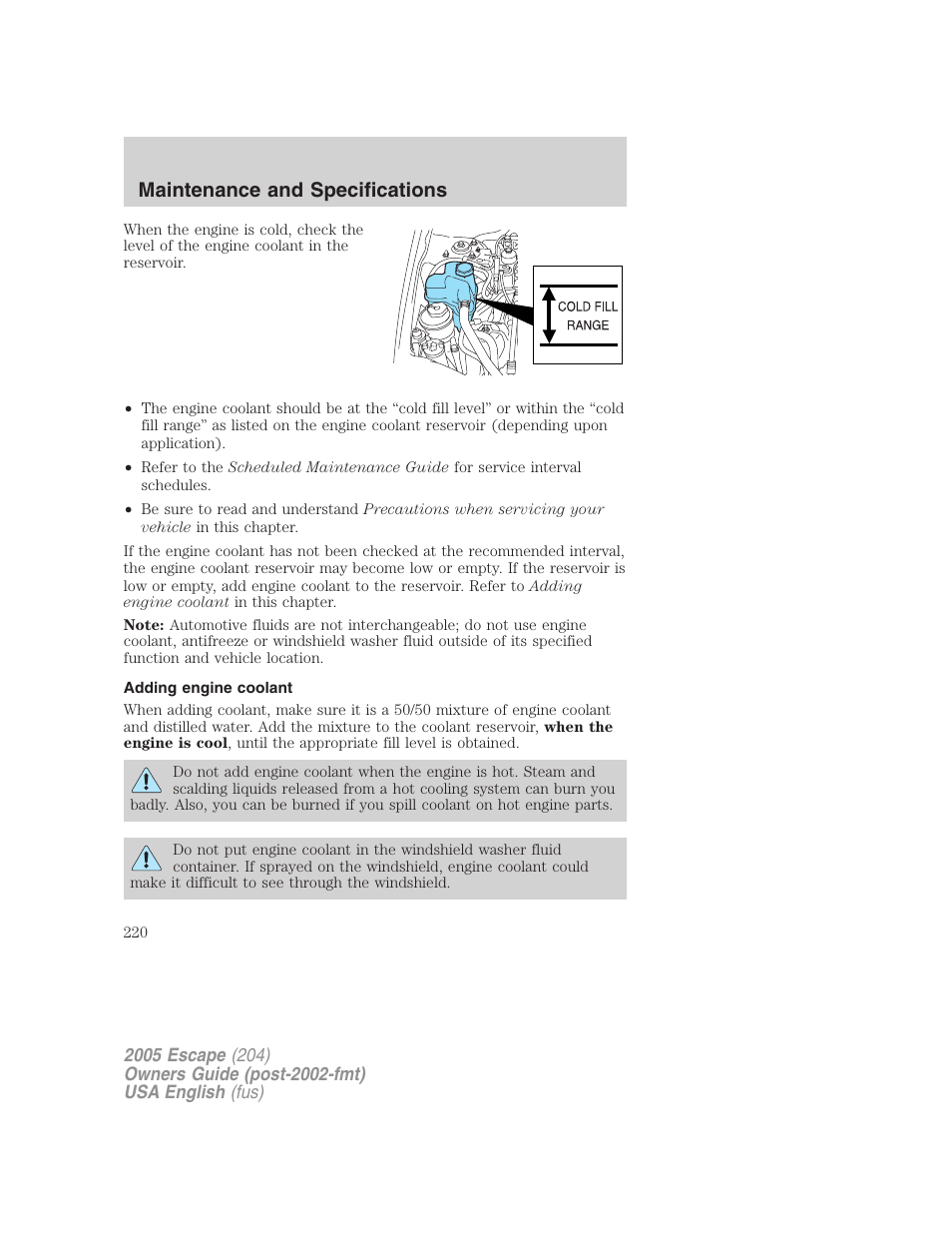 Maintenance and specifications | FORD 2005 Escape v.1 User Manual | Page 220 / 272