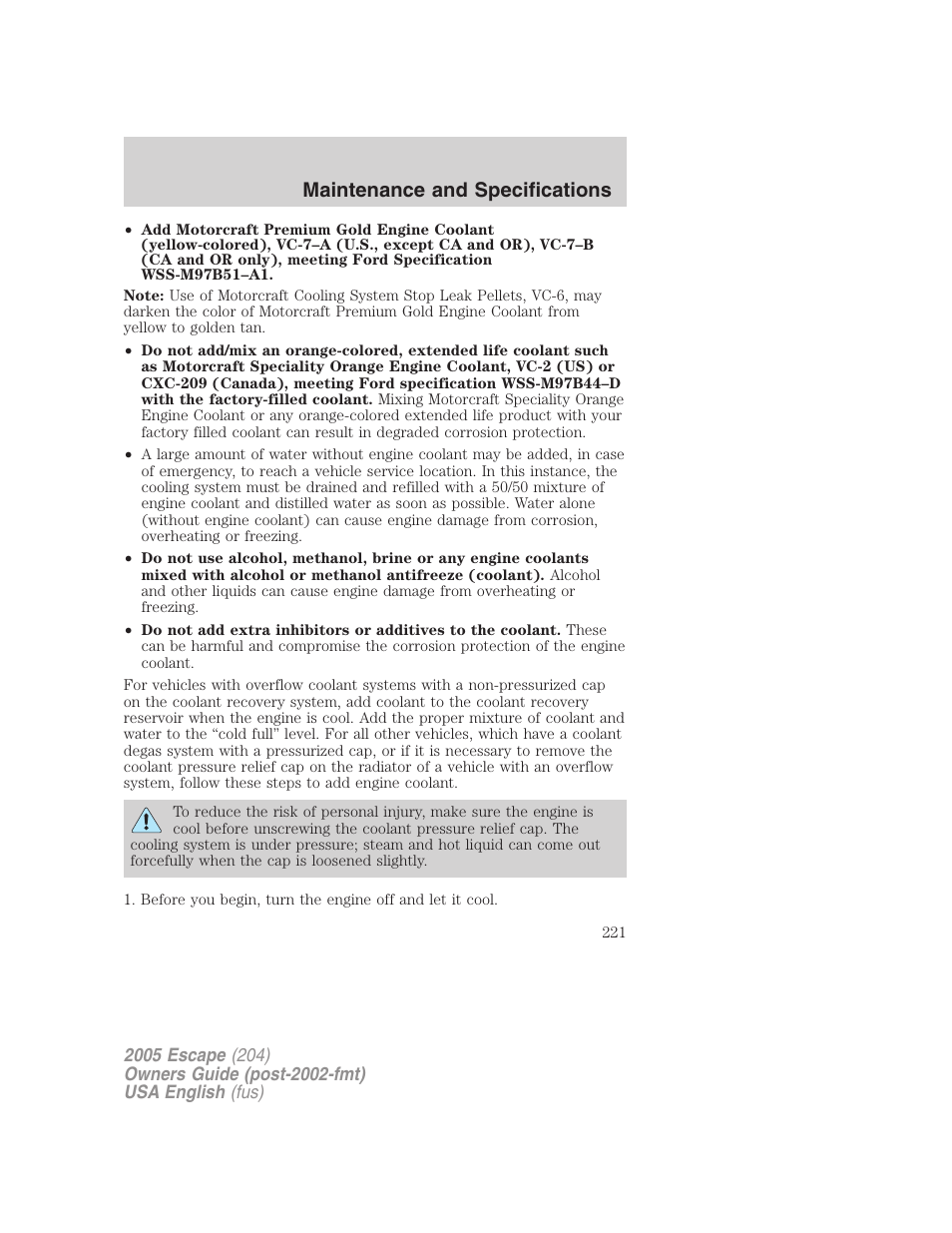 Maintenance and specifications | FORD 2005 Escape v.1 User Manual | Page 221 / 272