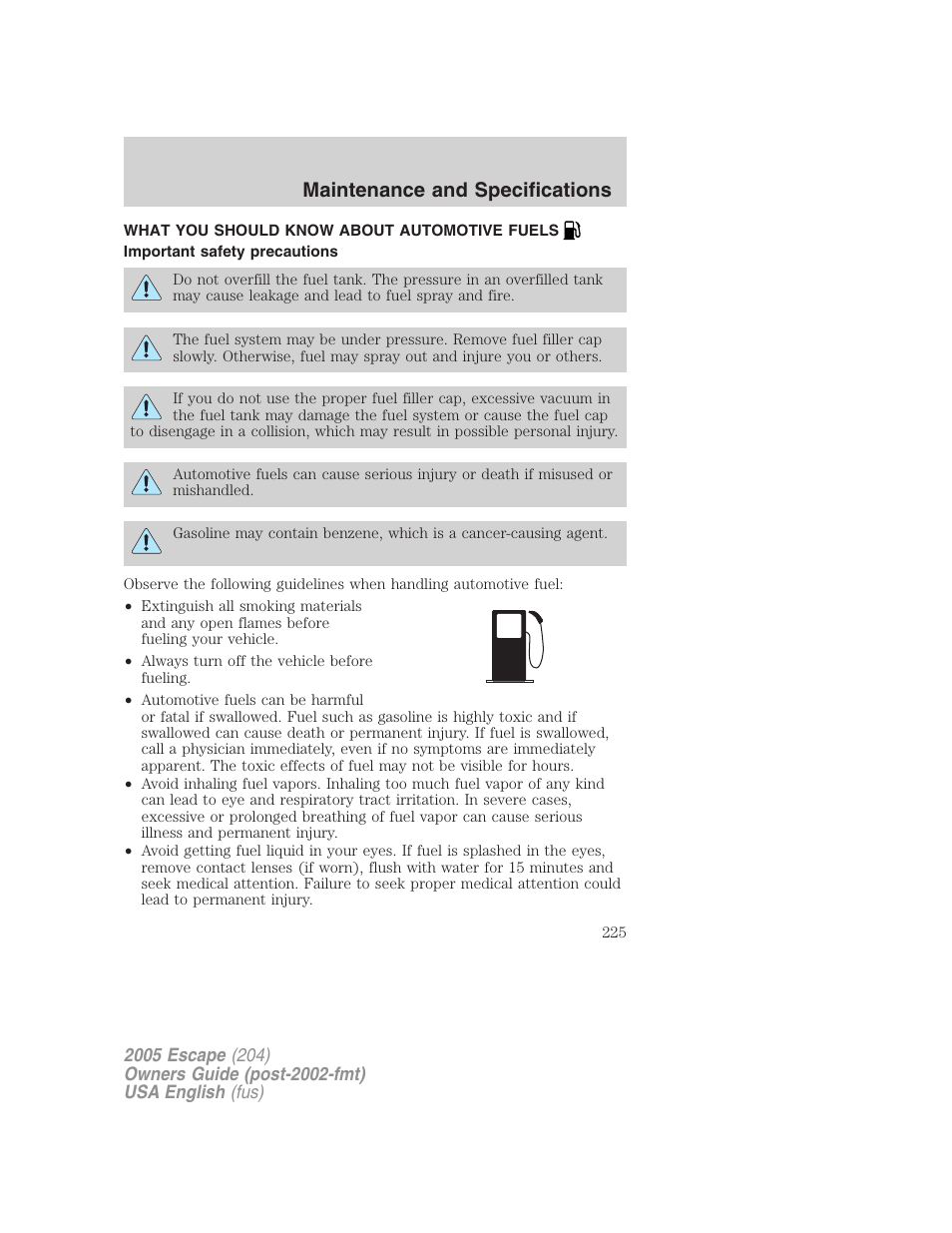 Maintenance and specifications | FORD 2005 Escape v.1 User Manual | Page 225 / 272