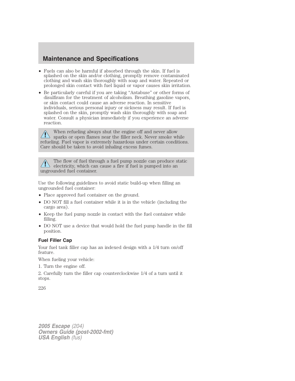 Maintenance and specifications | FORD 2005 Escape v.1 User Manual | Page 226 / 272