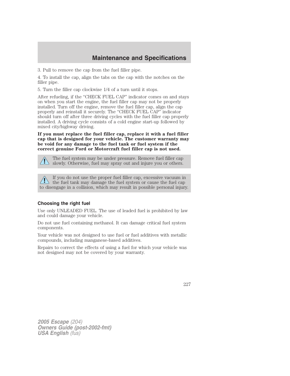Maintenance and specifications | FORD 2005 Escape v.1 User Manual | Page 227 / 272