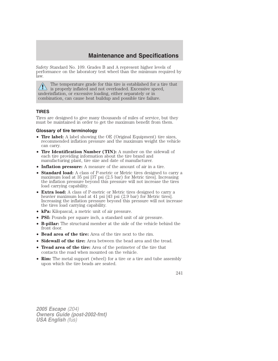 Maintenance and specifications | FORD 2005 Escape v.1 User Manual | Page 241 / 272