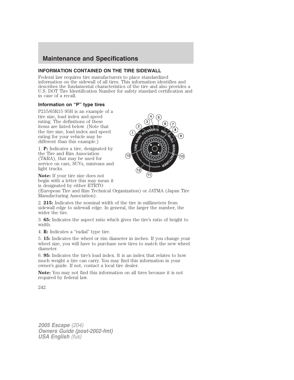 Maintenance and specifications | FORD 2005 Escape v.1 User Manual | Page 242 / 272