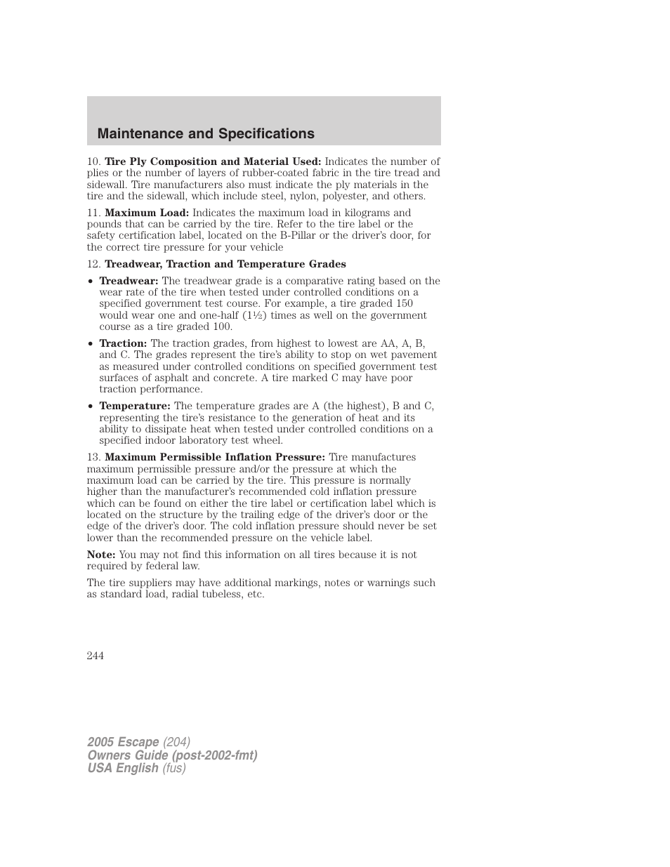 Maintenance and specifications | FORD 2005 Escape v.1 User Manual | Page 244 / 272