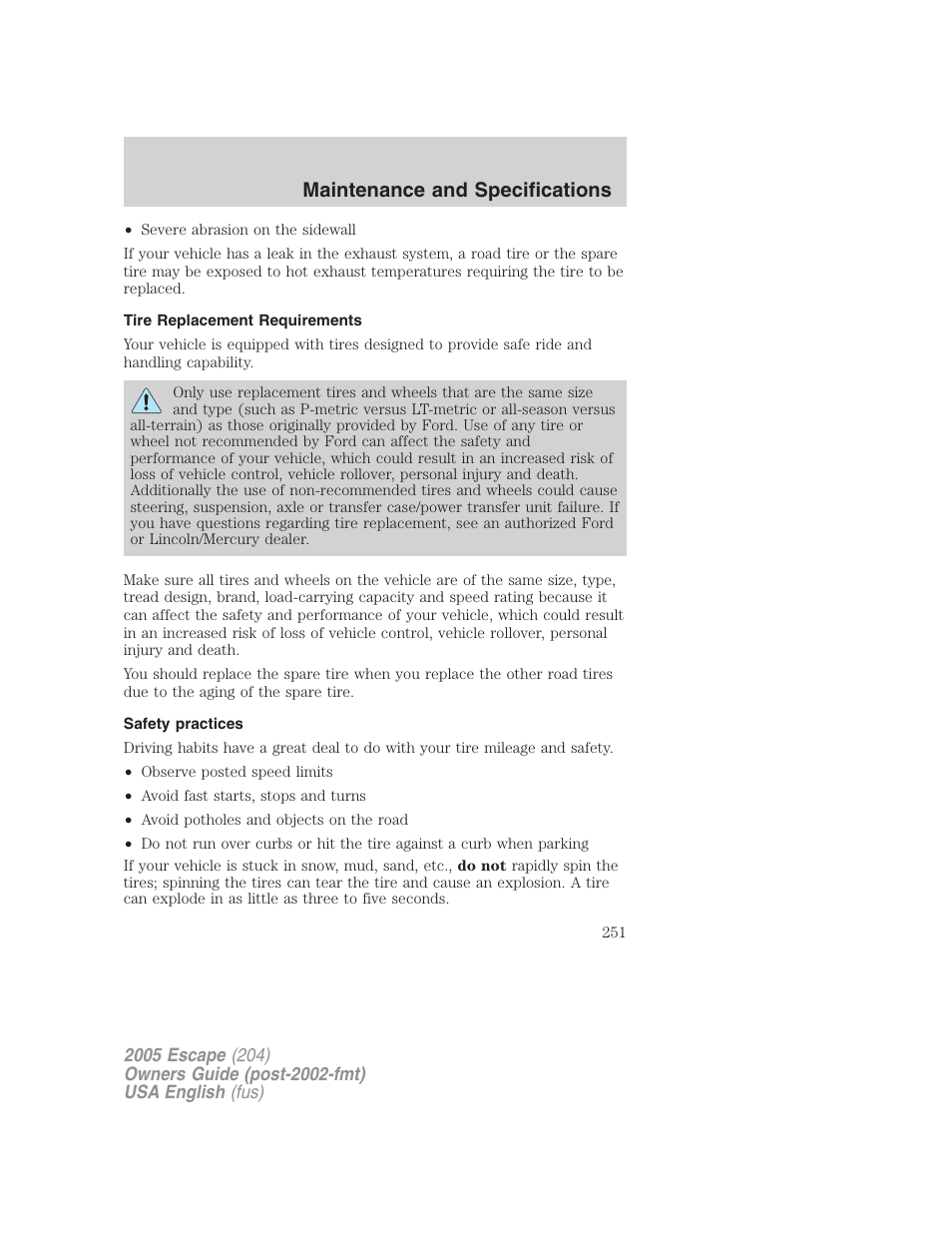 Maintenance and specifications | FORD 2005 Escape v.1 User Manual | Page 251 / 272