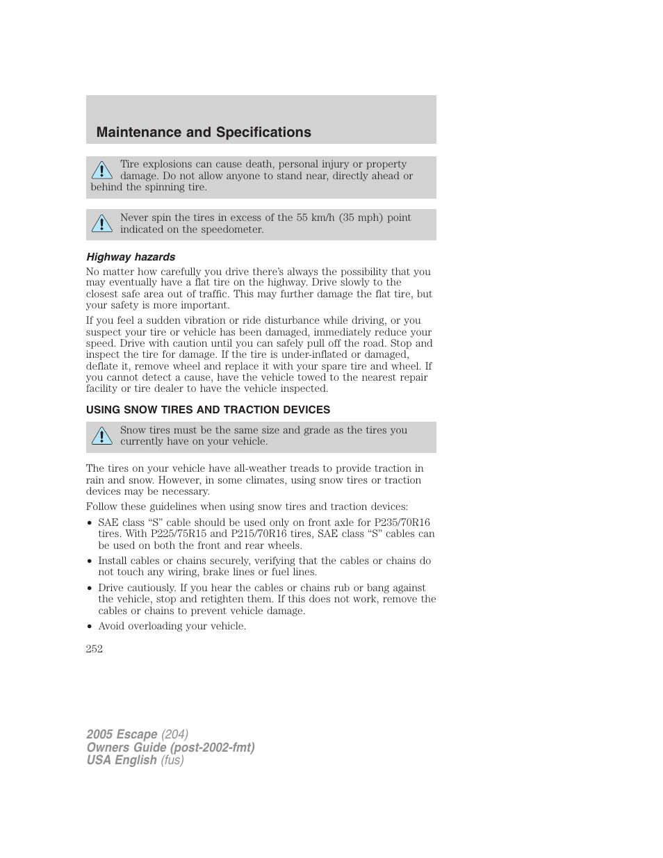 Maintenance and specifications | FORD 2005 Escape v.1 User Manual | Page 252 / 272