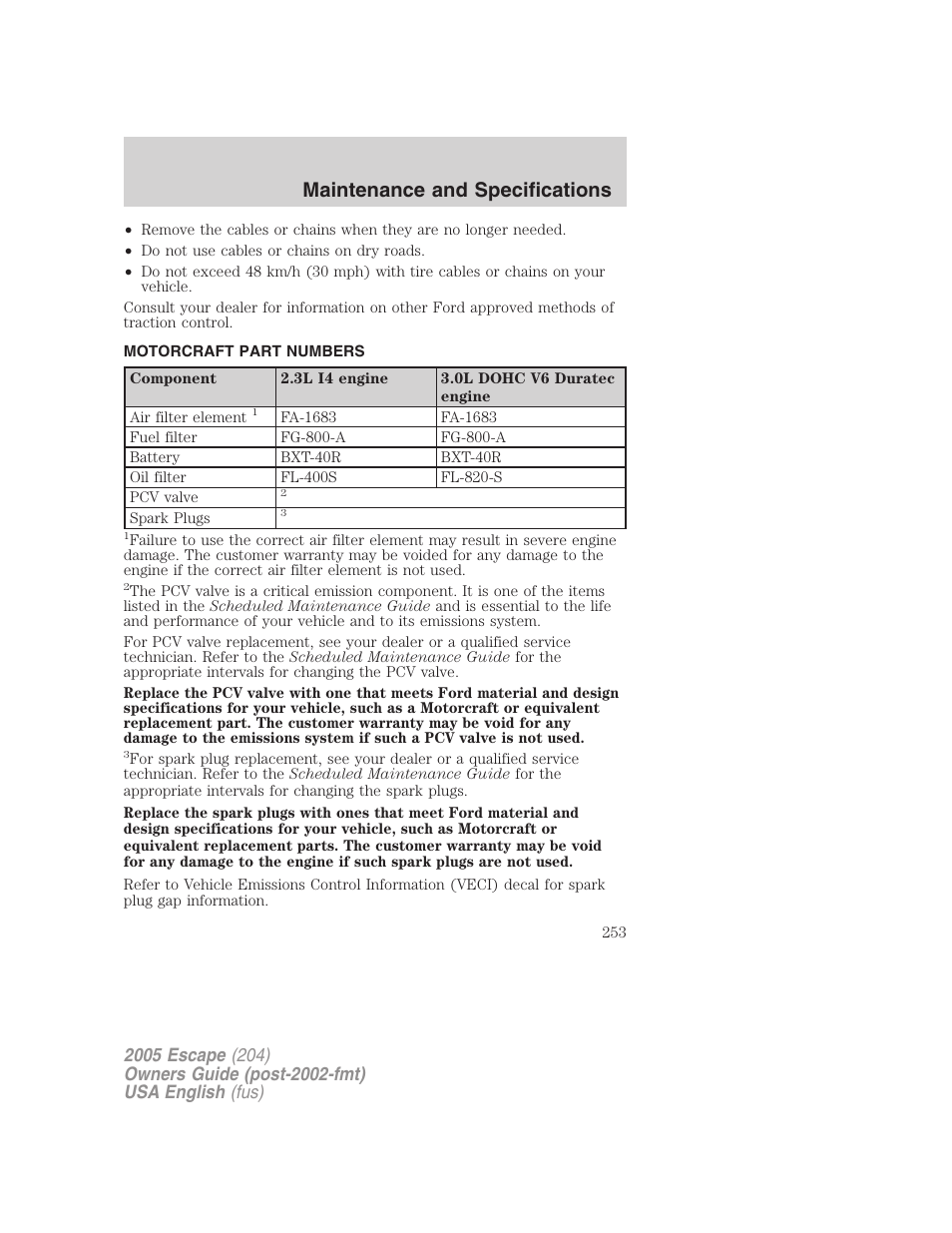 Maintenance and specifications | FORD 2005 Escape v.1 User Manual | Page 253 / 272