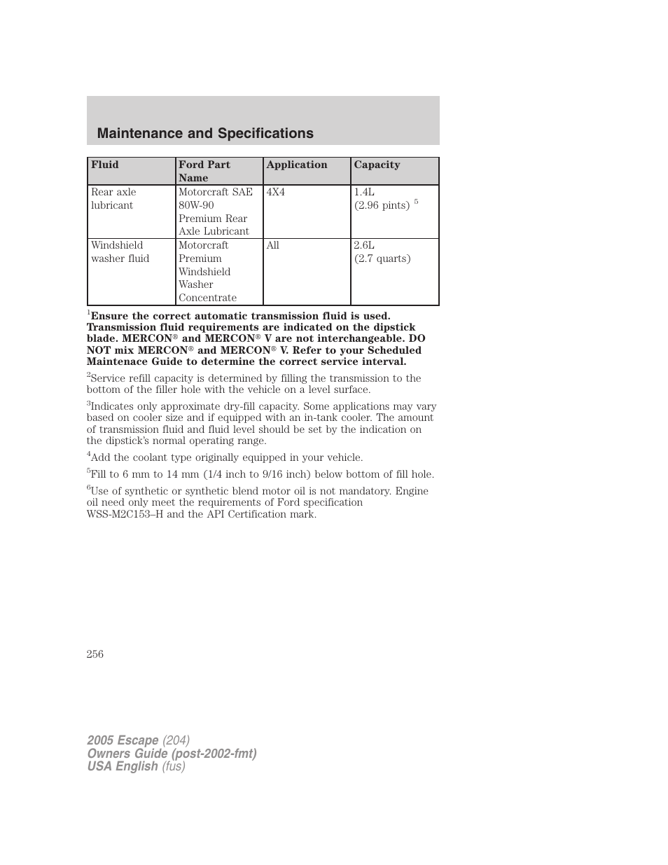 Maintenance and specifications | FORD 2005 Escape v.1 User Manual | Page 256 / 272