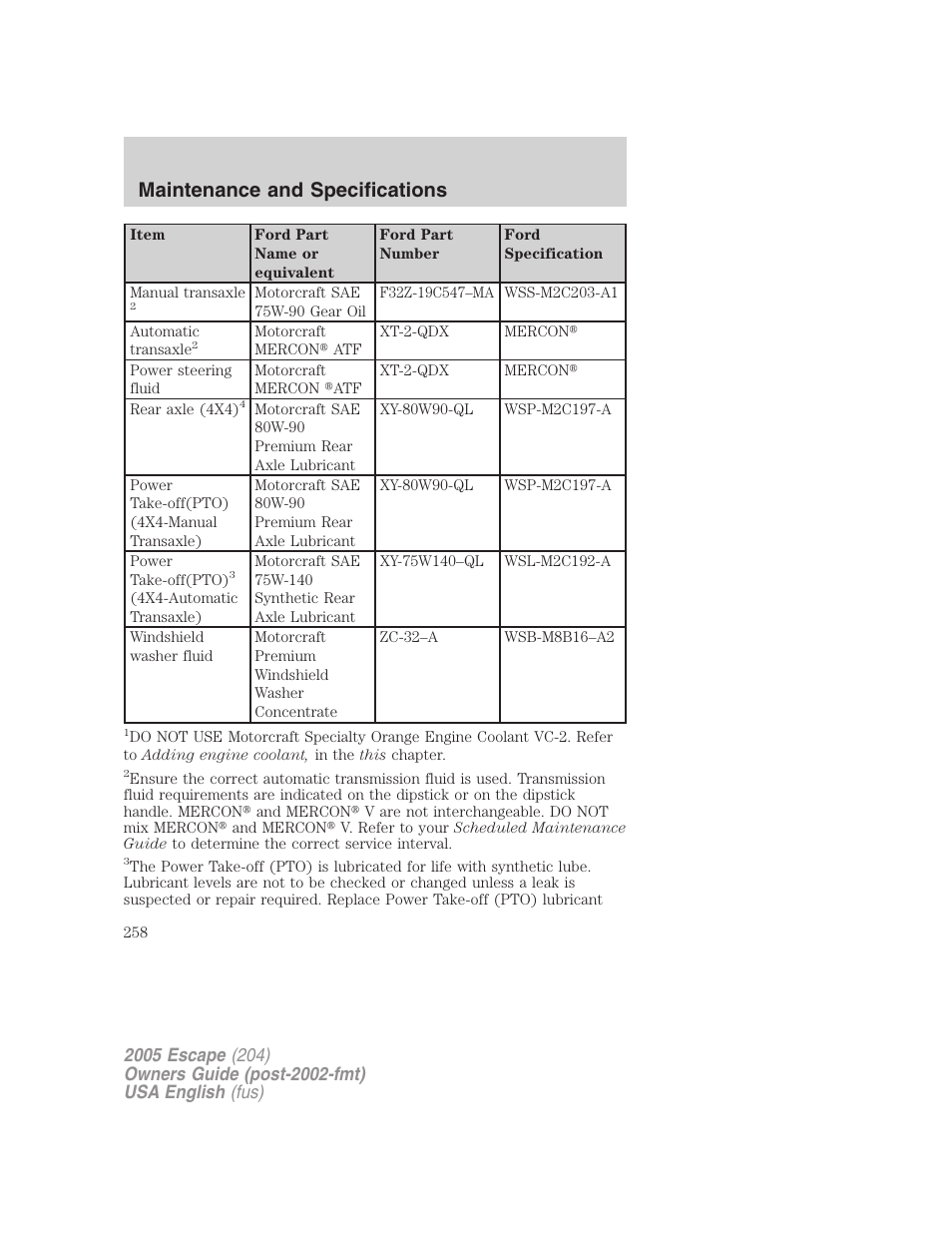 Maintenance and specifications | FORD 2005 Escape v.1 User Manual | Page 258 / 272