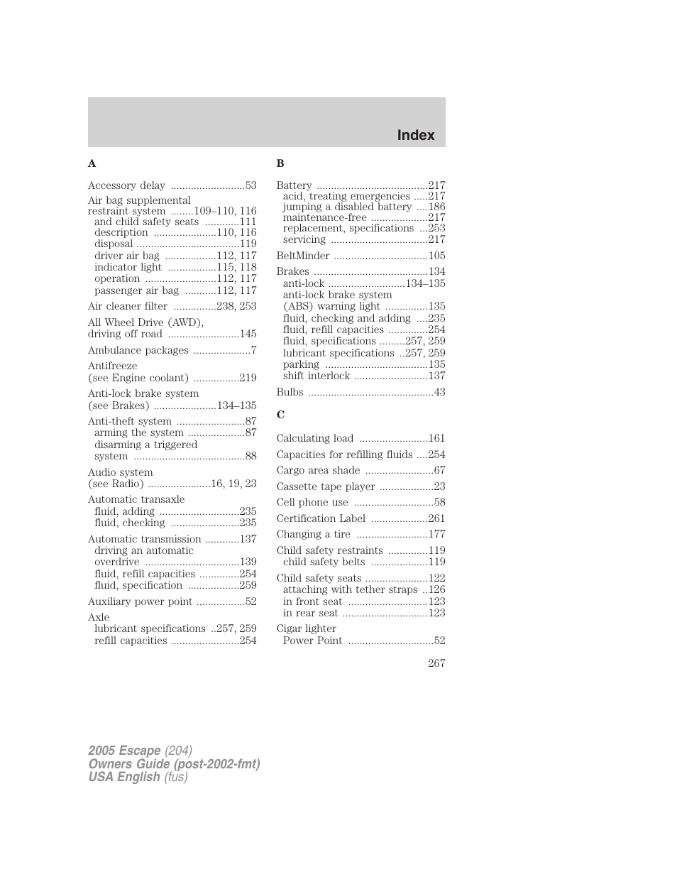 Index | FORD 2005 Escape v.1 User Manual | Page 267 / 272