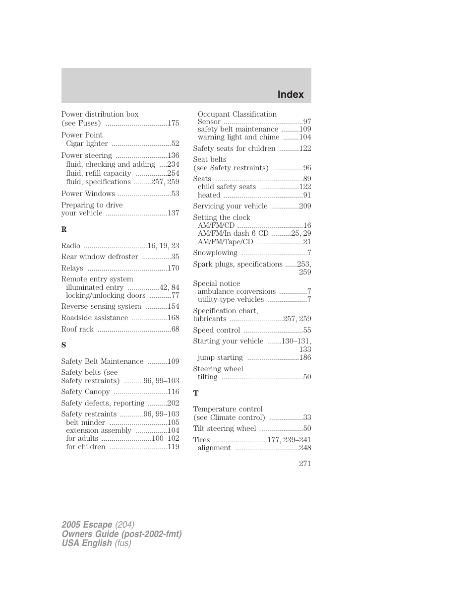 Index | FORD 2005 Escape v.1 User Manual | Page 271 / 272