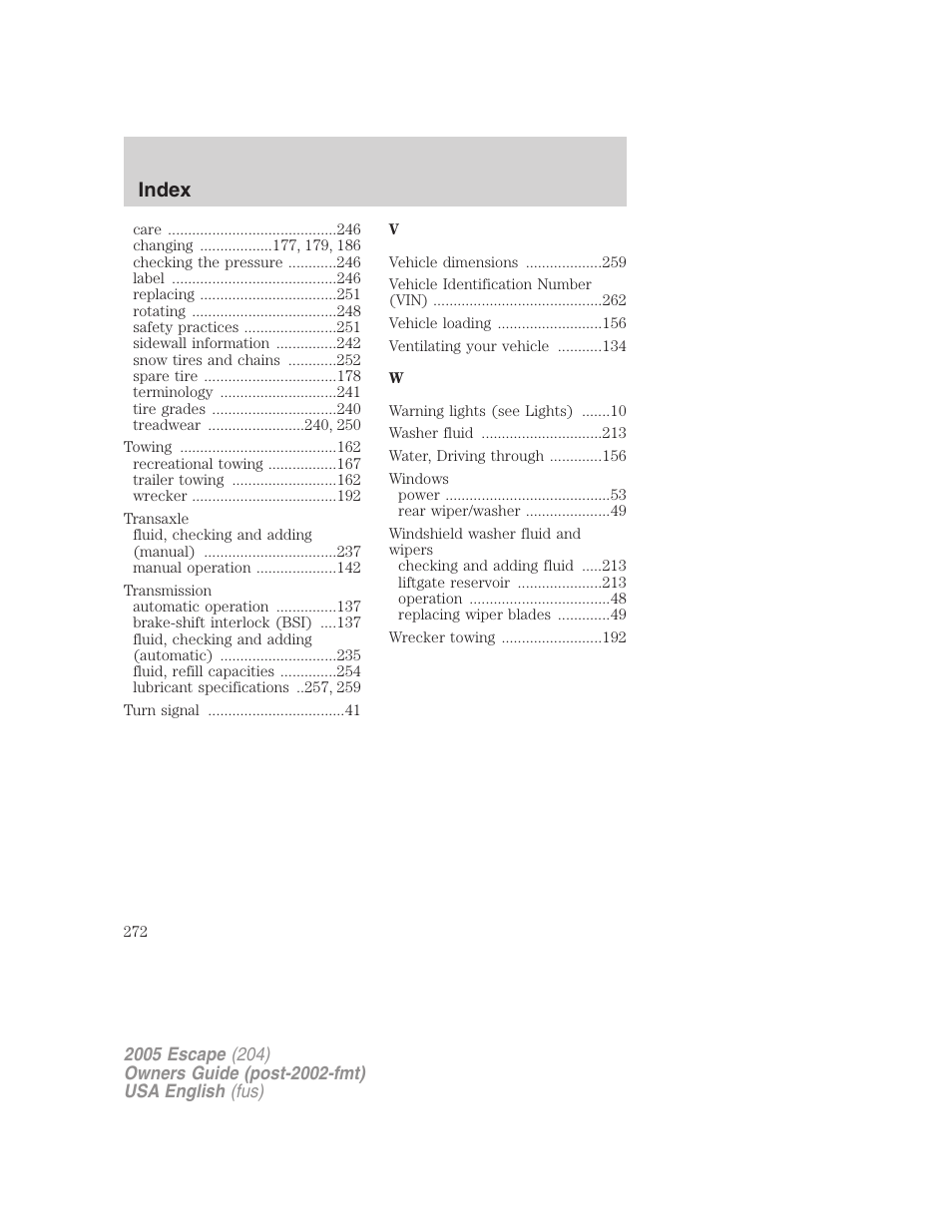 Index | FORD 2005 Escape v.1 User Manual | Page 272 / 272