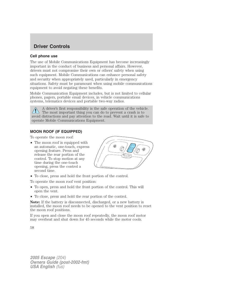Driver controls | FORD 2005 Escape v.1 User Manual | Page 58 / 272