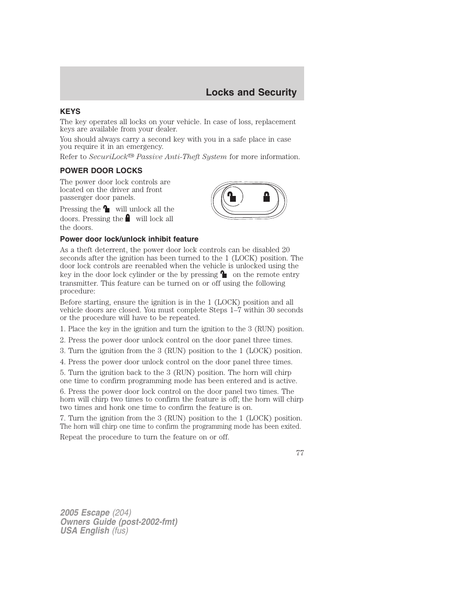 Locks and security | FORD 2005 Escape v.1 User Manual | Page 77 / 272