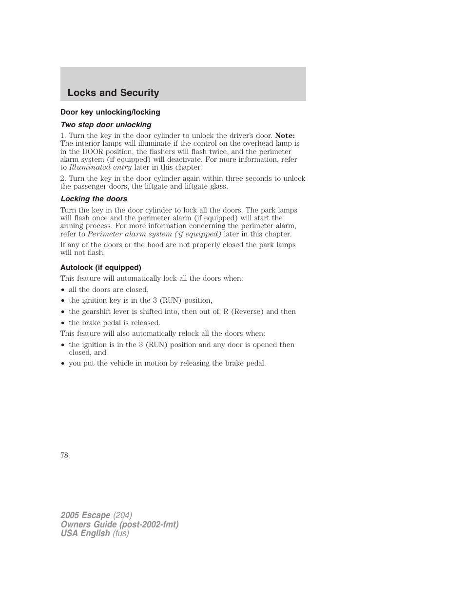 Locks and security | FORD 2005 Escape v.1 User Manual | Page 78 / 272