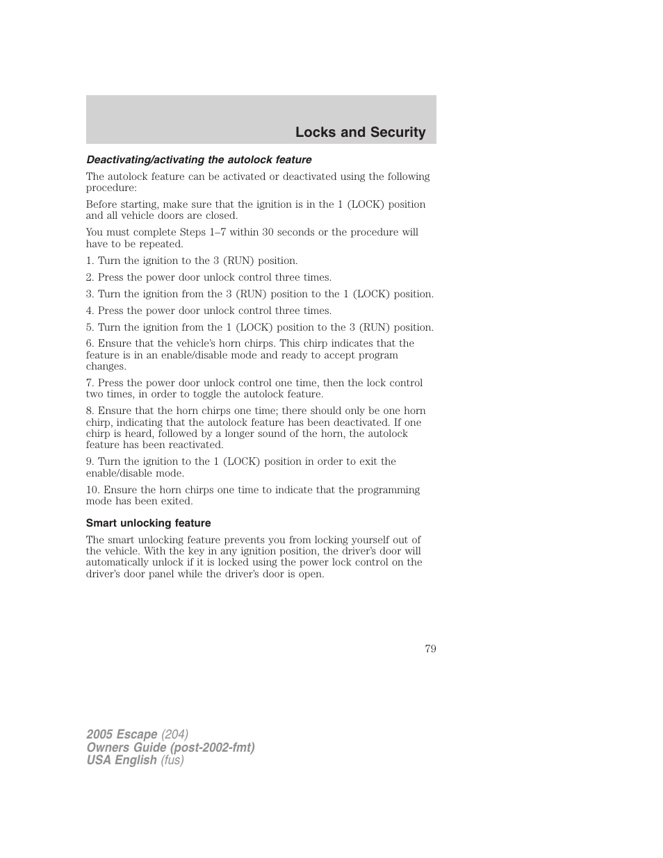 Locks and security | FORD 2005 Escape v.1 User Manual | Page 79 / 272