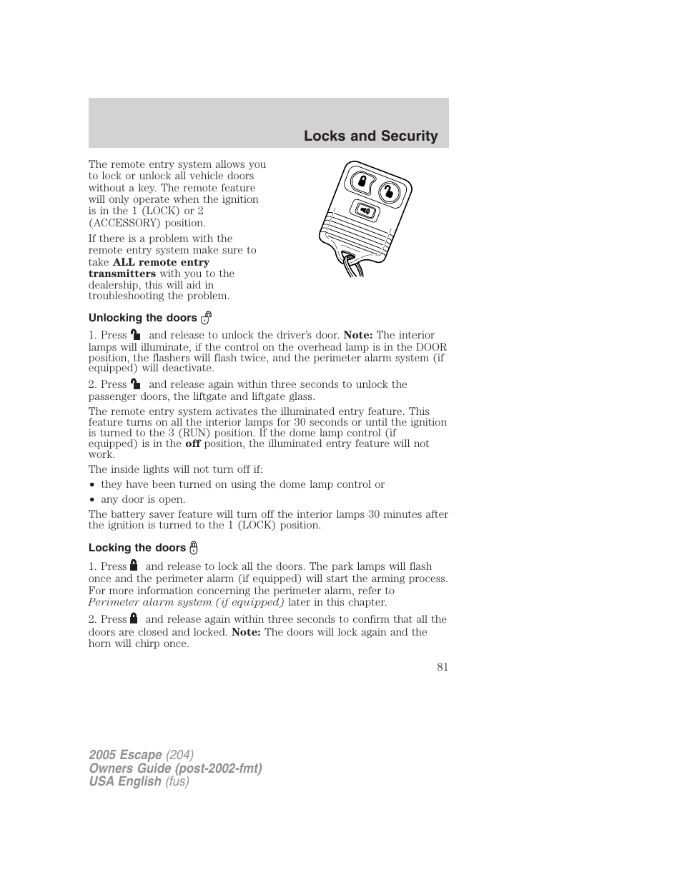 Locks and security | FORD 2005 Escape v.1 User Manual | Page 81 / 272