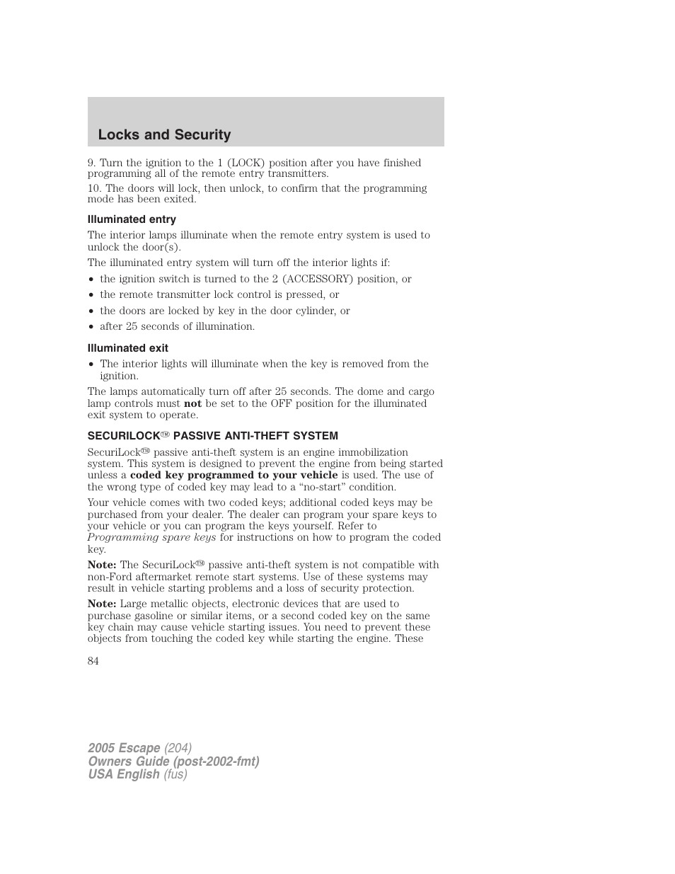 Locks and security | FORD 2005 Escape v.1 User Manual | Page 84 / 272