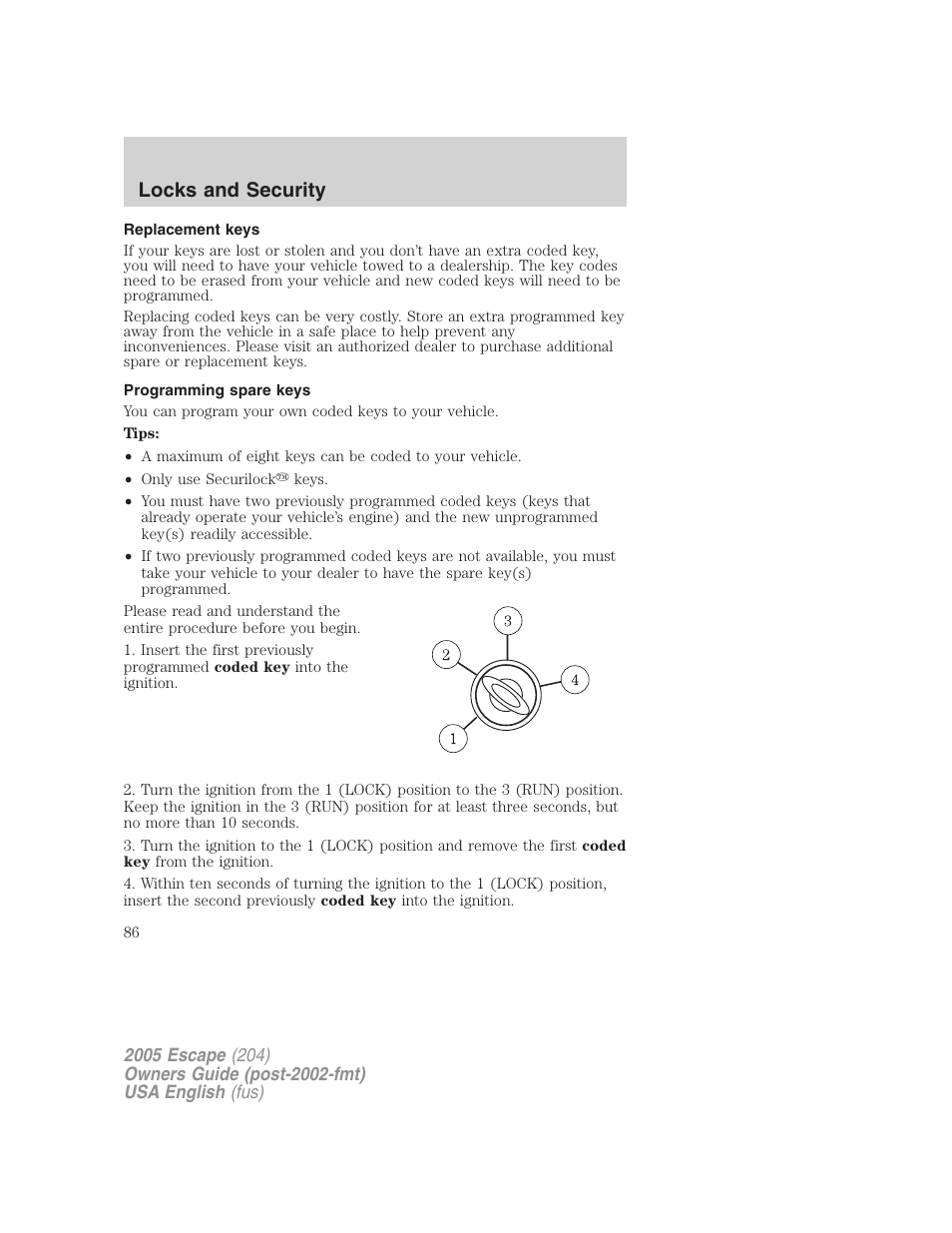 Locks and security | FORD 2005 Escape v.1 User Manual | Page 86 / 272