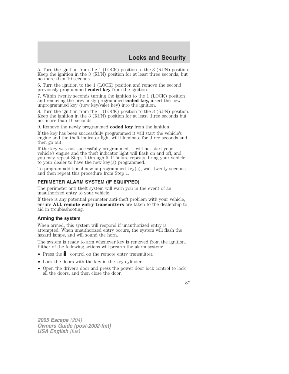 Locks and security | FORD 2005 Escape v.1 User Manual | Page 87 / 272