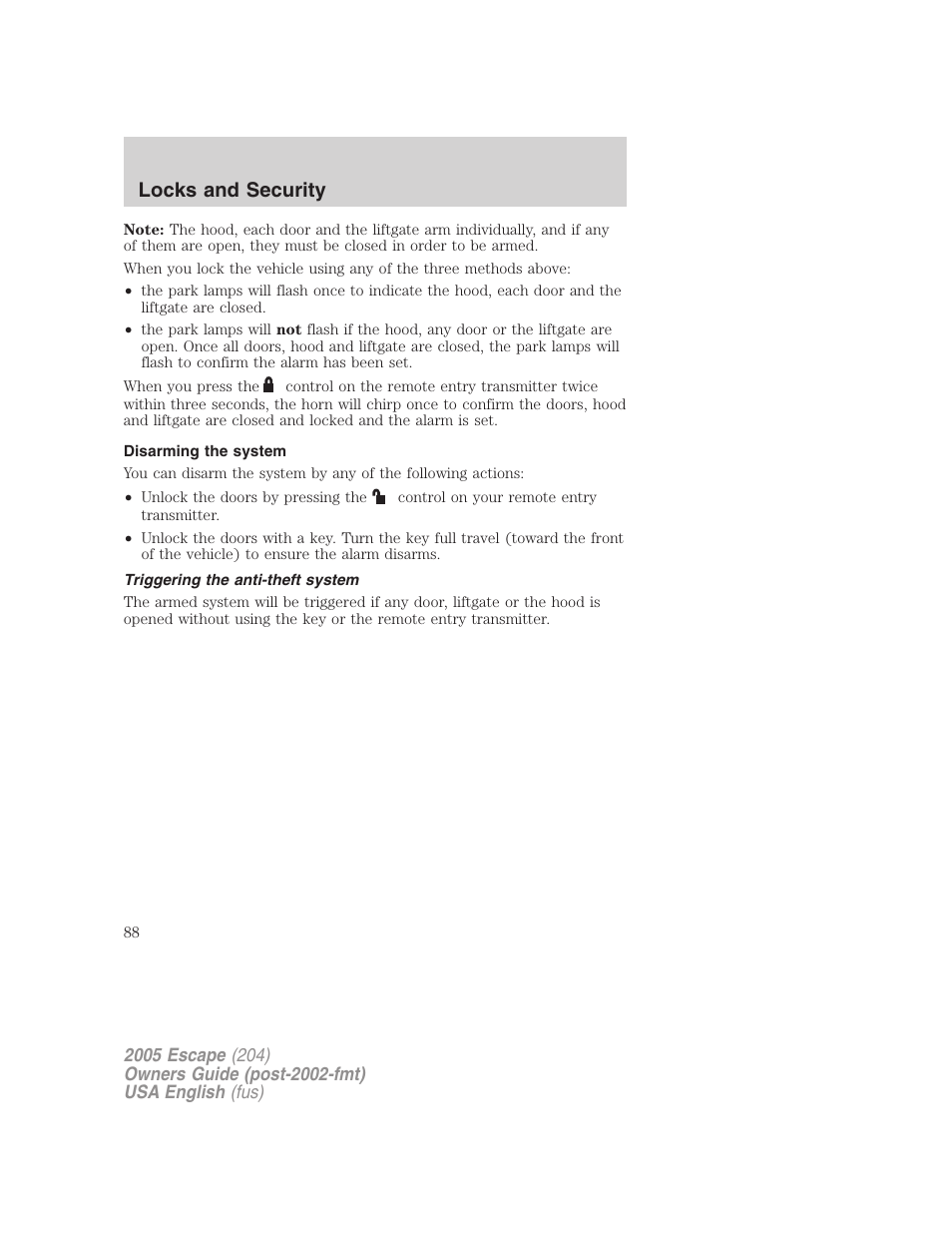 Locks and security | FORD 2005 Escape v.1 User Manual | Page 88 / 272