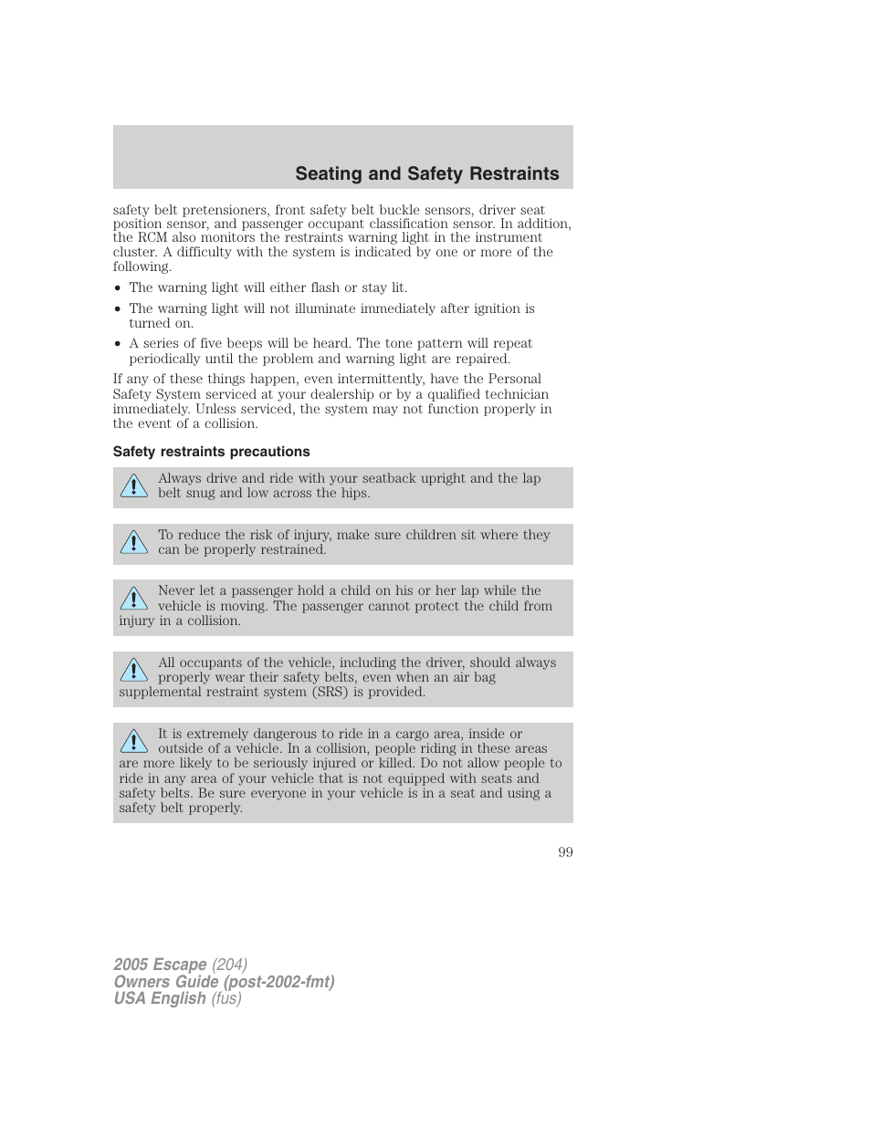 Seating and safety restraints | FORD 2005 Escape v.1 User Manual | Page 99 / 272