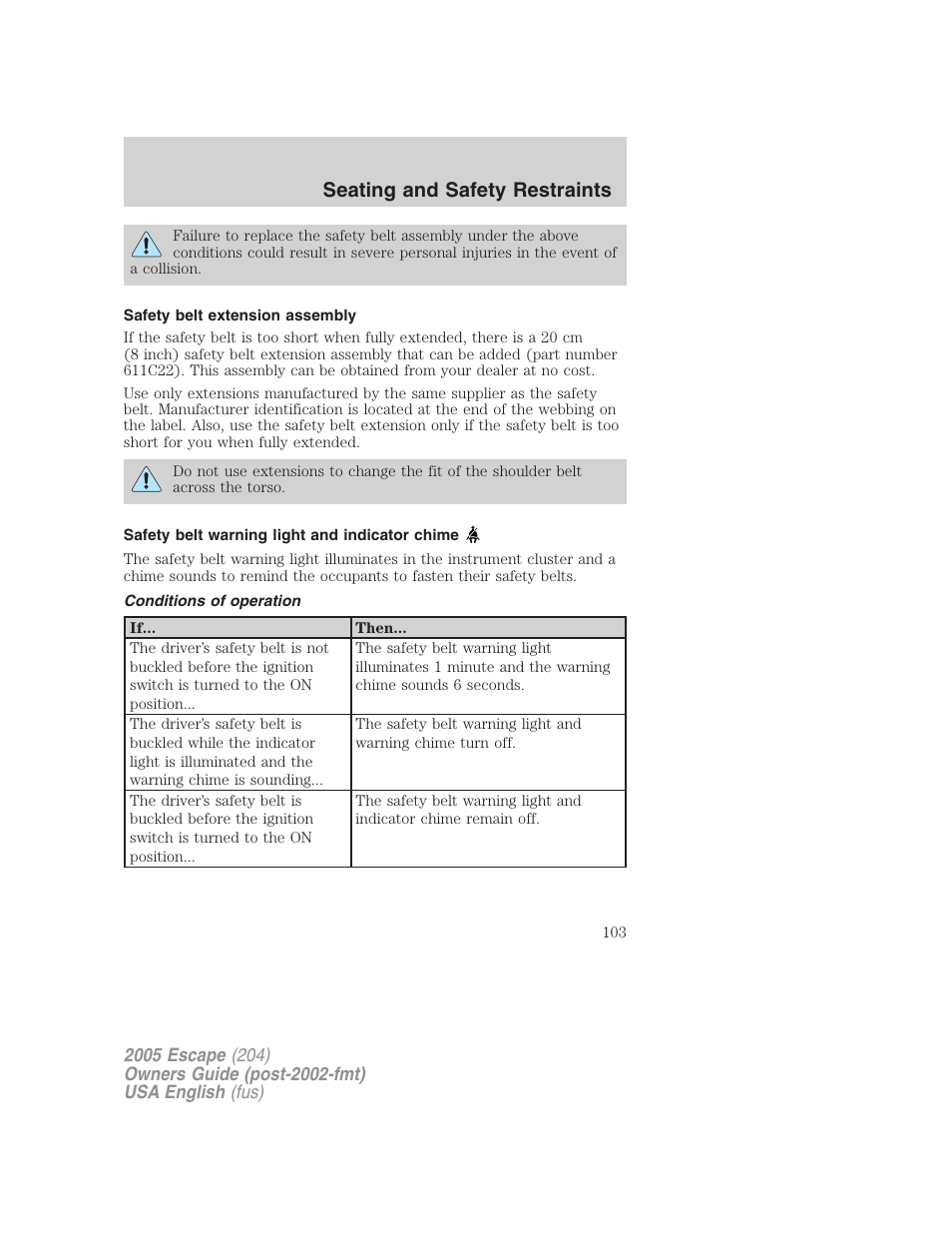 Seating and safety restraints | FORD 2005 Escape v.2 User Manual | Page 103 / 272